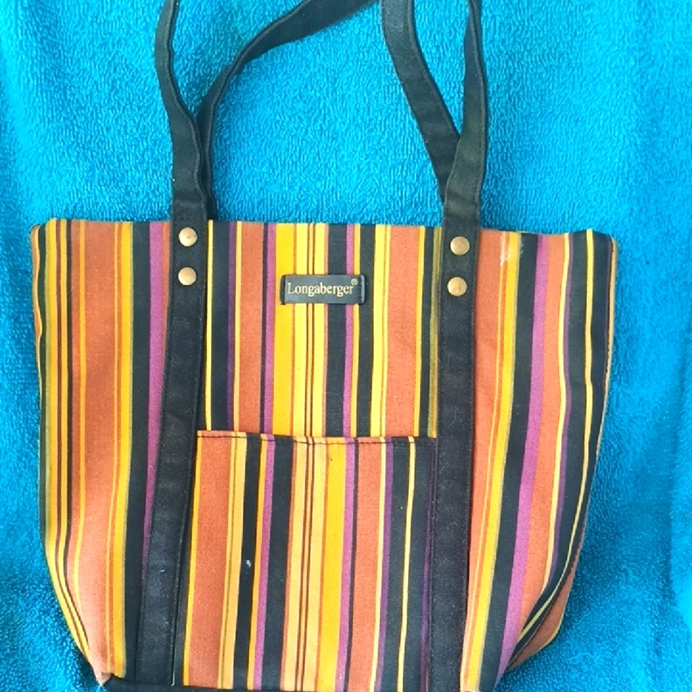 Longaberger Vibrant Striped Tote Bag - Black, Orange, Yellow, Purple